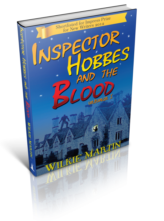 Cover of Inspector Hobbes and the Blood. Blue with image of Cotrsolds houses